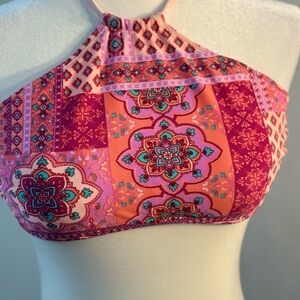 Malibu Pink Lined Swim Top with Patterned Trim size large